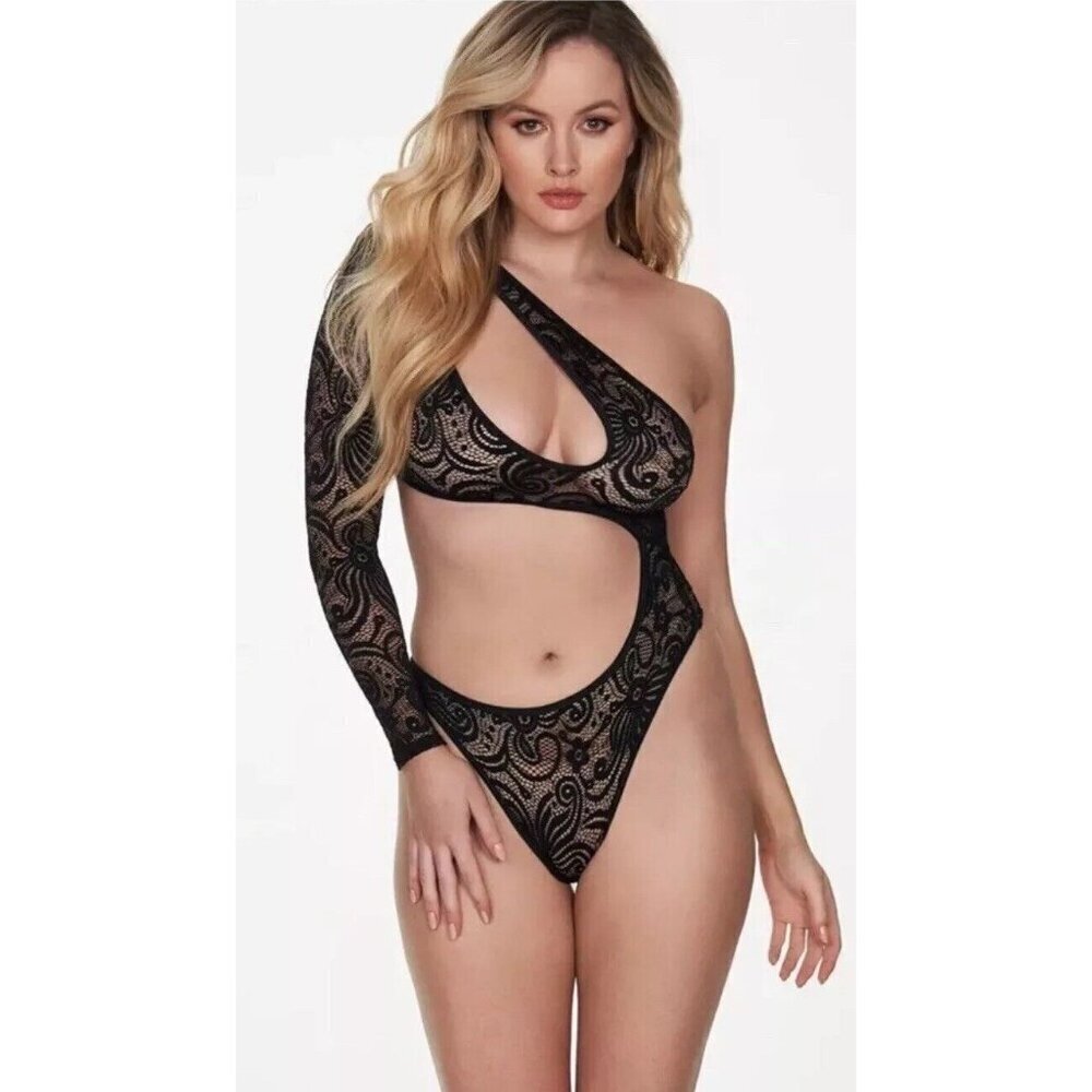 Fredericks of Hollywood Kerry Asymmetrical Bodysuit Lace Black Size XL